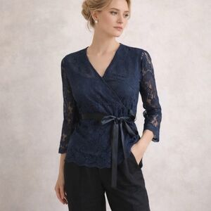 Black Lace Wrap Top Satin Tie Lace Sleeves Romantic Goth Vibes sz S